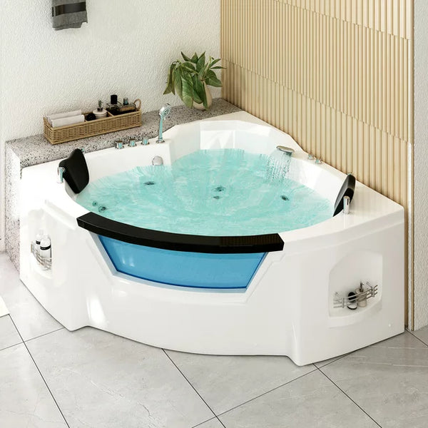 Mjkone Freestanding Whirlpool Bathtub,Spacious Triangle Shaped Back to Wall Tub,Therapy Massage Soaking Tub with Double Pillows,Elegant White Acrylic Jet Spa with Powerful Hydro Jets